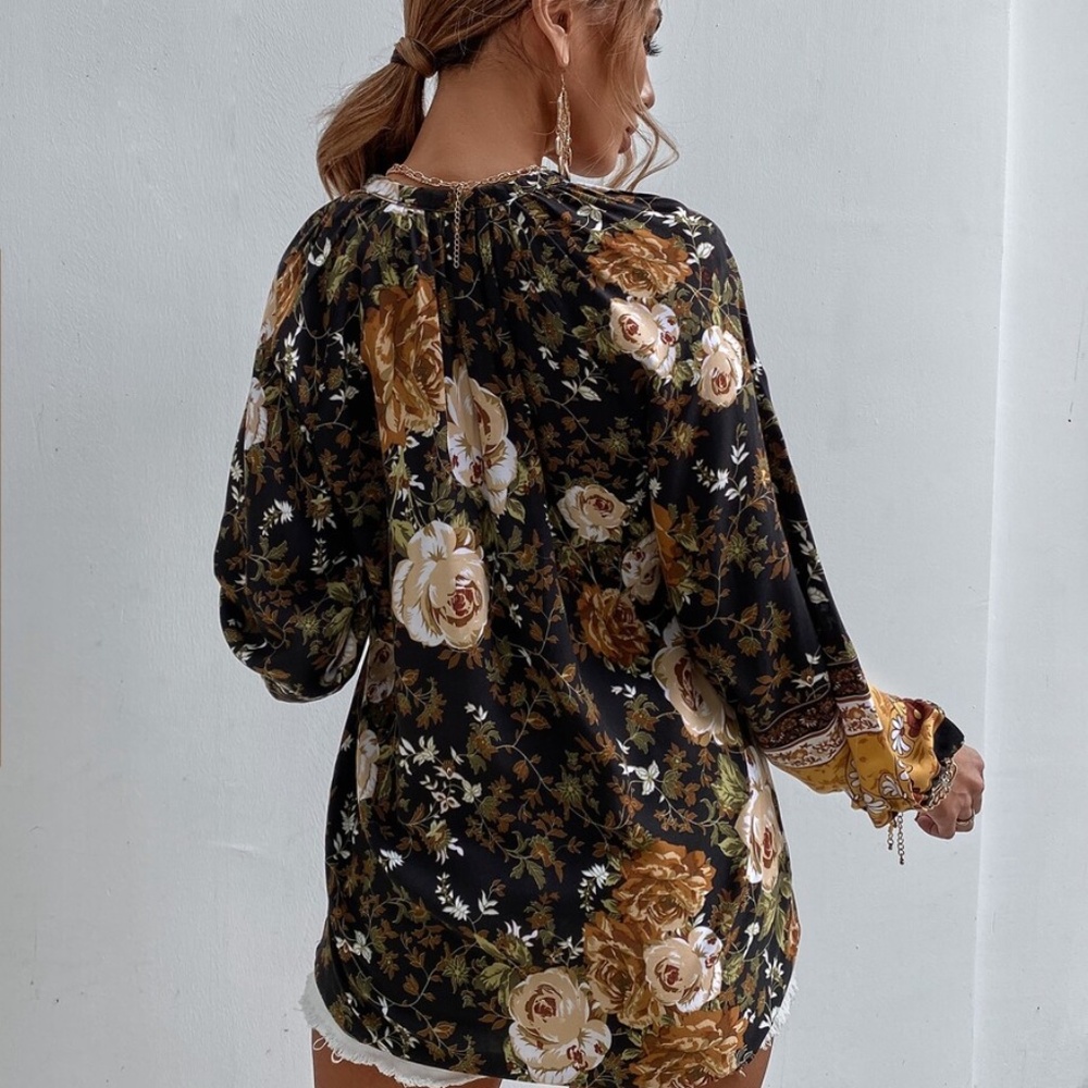 floral boho neck tie tassel balloon sleeve top - Picture 6 of 7